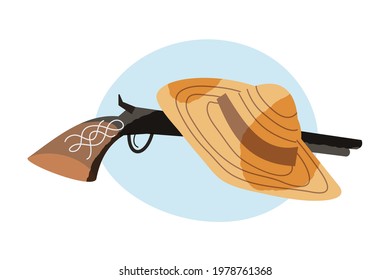 Gold Rush set: gun and hat. Weapon and headwear for Wild West vector illustration. Western icons of miners and diggers, tools for prospectors isolated on white background.