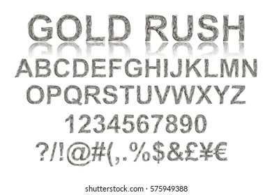 Gold rush. Silver alphabetic fonts and numbers on a white background. Vector illustration