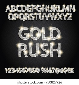 Gold rush. Silver alphabetic fonts and numbers on a black background. Vector illustration