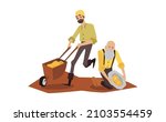 Gold rush vintage gold diggers or prospectors cartoon characters digging gold and carrying it on cart, flat vector illustration isolated on white background.