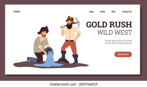 Goldrush Website-Banner-Vorlage mit Goldgrabungen und Bergleuten, flache Vektorgrafik. Webseite zum Thema Abenteuer und Goldbergbau im Vintage.