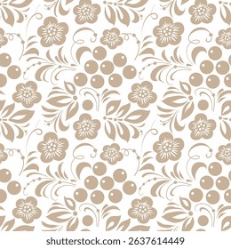 Gold russian old style ornament Hohloma seamless pattern. Vector Floral slavic traditional decoration motive. For cards, fabric, textiles, clothing, packaging.