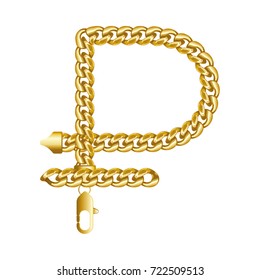 Gold Russian rouble, ruble money sign made of shiny thick golden chains with a lobster claw clasp lock. Realistic vector detailed illustration isolated on a white background.
