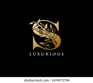 Gold S Letter Luxury Logo. Vintage Letter S With Floral Shape design perfect for fashion, Jewelry, Beauty Salon, Hotel Logo. Cosmetics, Spa Logo. Resort and Restaurant Logo. 