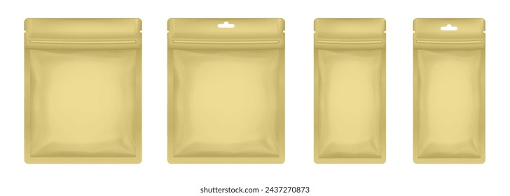 Bolsa o bolsita dorada. Moqueta de bolsos de cremallera vectorial, paquetes de aluminio. Muestras de cosméticos. Máscara facial de hoja