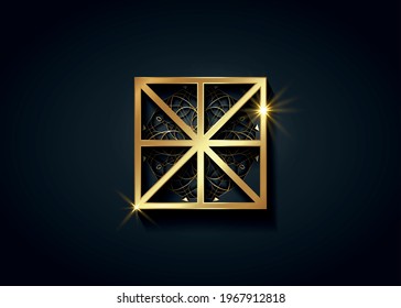 Gold Sacred Center, The Omphalos, exoteric symbols, golden mandala. eight linear segments converging towards a central point of a square. Geometry Logo icon isolated on black background