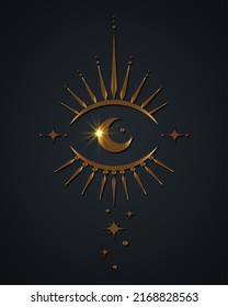 Gold Sacred eye, magic crescent moon in boho style, golden luxury vector  isolated on black background. Bohemian logo icon, geometric design alchemy element