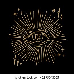 Gold sacred eye vector and jpg printable image, unique clipart illustration, editable isolated details. Perfect for poster or postcard template, t-shirt clothes design, digital stickers and more.