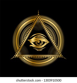 Gold sacred geometry with all seeing eye on the black background.