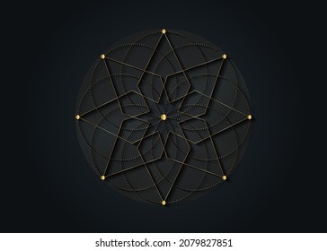 Gold Sacred Geometry, Eight Pointed Star. Logo Icon  Geometric Mystic Mandala Of Alchemy Esoteric Seed Of Life. Vector Concentric Circles Divine Meditative Amulet Isolated On Black Background