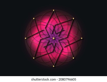 Gold Sacred Geometry, eight pointed star. Logo icon  Geometric mystic mandala of alchemy esoteric Seed of life. Vector concentric circles divine meditative amulet isolated on purple background