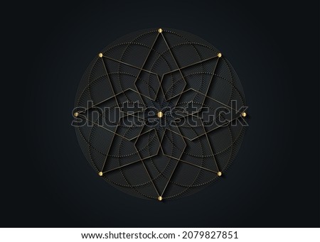Gold Sacred Geometry, eight pointed star. Logo icon  Geometric mystic mandala of alchemy esoteric Seed of life. Vector concentric circles divine meditative amulet isolated on black background