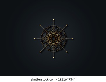 Gold Sacred Geometry, Seed of life, star symbol. Logo icon Geometric mystic mandala of alchemy esoteric Flower of Life. Vector golden line art divine meditative amulet isolated on black background