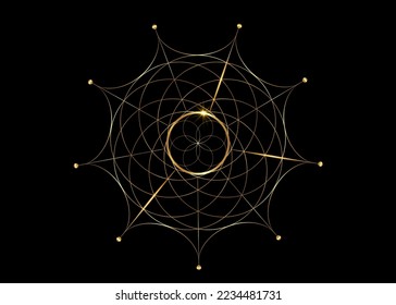 Geometría sagrada de oro, símbolo de semilla de vida. Icono del logotipo Mandala mística geométrica de la flor esotérica de la vida de alquimia. Tatuaje de línea dorada vectorial amuleto meditativo divino aislado en fondo negro