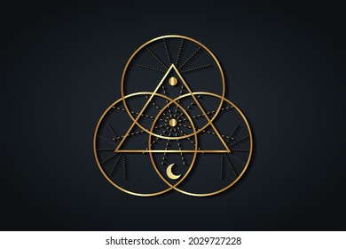 Gold Sacred Geometry, Triangle logo and overlapping circles, Triquetra Trinity Knot symbol, Triple Goddess, rays of light. Wicca sign, book of shadows, Vector divination isolated on black background