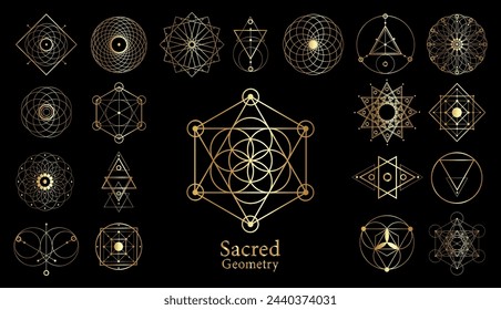 Gold Sacred geometry vector design elements. Alchemy, religion, philosophy, spirituality, luxury hipster symbols. Set collection, golden signs isolated on black background 