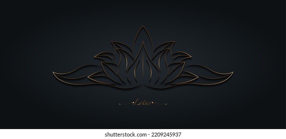 Gold Sacred Lotus flower, stylized floral ornament, line art logo design. Flower blossom symbol of yoga, spa, beauty salon, cosmetics, relax, brand style. Vector isolated on black background