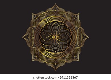 Gold Sacred lotus mandala, Mystical Flower of Life. Sacred geometry, vector logo graphic element isolated. Mystic icon seed of life, luxury abstract geometric esoteric flower on black background