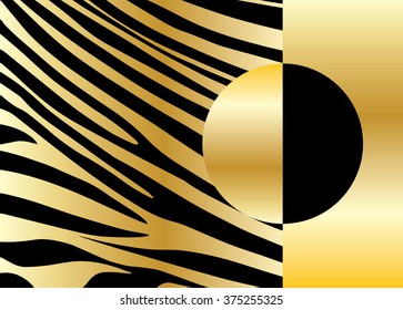 Gold Safari pattern. Black stripes (zebra) on gold background. Illustration, Vector file with layers. Good for art, print, web, textile design, Perfume packaging and more.