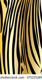 Gold Safari texture background. Illustration, black zebra stripes on gold background. Vector file with layers. Good for art, print, web, textile design, Perfume packaging and more.