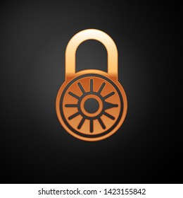 Gold Safe combination lock wheel icon isolated on black background. Combination padlock. Security, safety, protection, password, privacy concept. Vector Illustration