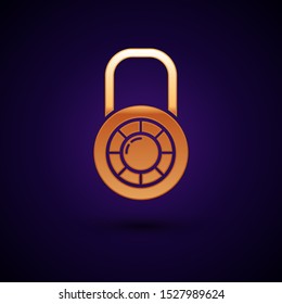 Gold Safe combination lock wheel icon isolated on dark blue background. Combination padlock. Security, safety, protection, password, privacy.  Vector Illustration