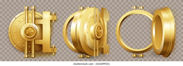 Gold safe door, round bank vault gate with lock. Vector realistic set of 3d closed and open circle golden door to bunker or bank safe isolated on transparent background