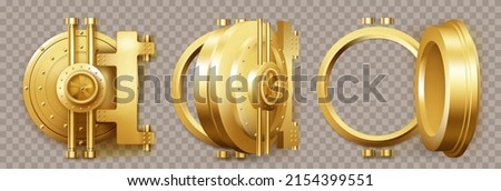 Gold safe door, round bank vault gate with lock. Vector realistic set of 3d closed and open circle golden door to bunker or bank safe isolated on transparent background