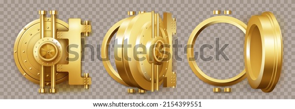 Gold safe door, round\
bank vault gate with lock. Vector realistic set of 3d closed and\
open circle golden door to bunker or bank safe isolated on\
transparent background