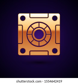 Gold Safe icon isolated on dark blue background. The door safe a bank vault with a combination lock. Reliable Data Protection.  Vector Illustration