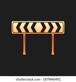Gold Safety barricade symbol icon isolated on black background. Traffic sign road. Road block sign. Long shadow style. Vector.