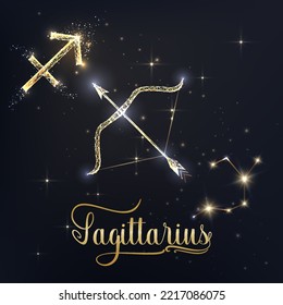 Gold Sagittarius zodiac sign poster with arch and arrow zodiac figure, symbol glyphs, constellation and zodiac name on black background. Glowing low polygonal style. Modern design vector illustration