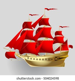 Gold sailing ship with red sails on gray background. Vector illustration