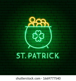 Gold Saint Patrick Neon Label. Vector Illustration of Holiday Promotion.