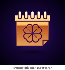 Gold Saint Patricks day with calendar icon isolated on dark blue background. Four leaf clover symbol. Date 17 March.  Vector Illustration