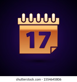 Gold Saint Patrick's day with calendar icon isolated on dark blue background. Date 17 March.  Vector Illustration