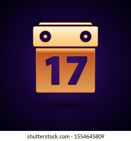 Gold Saint Patrick's day with calendar icon isolated on dark blue background. Date 17 March.  Vector Illustration