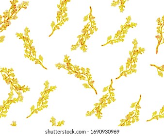 Gold sakura brunches. Seamless vector pattern. Pastel colors floral print. Gentle golden branches on white. Blooming herbals. Delicate wallpapers.