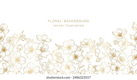 Gold sakura flower hand drawn background. Floral cherry blossom japanese plant leaf golden frame design. Spring vintage bouquet luxury pattern. Vector illustration nature summer card