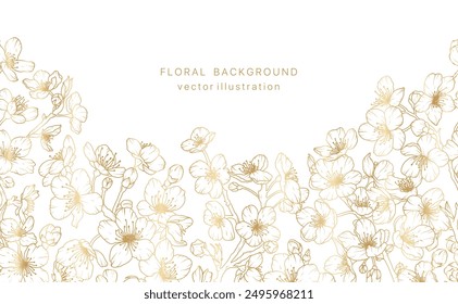 Gold sakura flower hand drawn background. Floral cherry blossom japanese plant leaf golden frame design. Spring vintage bouquet luxury pattern. Vector illustration nature summer card