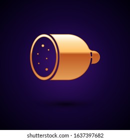 Gold Salami sausage icon isolated on dark blue background. Meat delicatessen product.  Vector Illustration