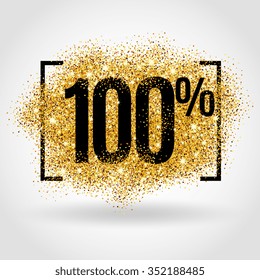 Gold sale 100 percent. Golden sale 100% percent on gold background. Shine salling background for flyer, poster, shopping, hundred, sign, discount, selling, banner, web, header. Light blur backdrop