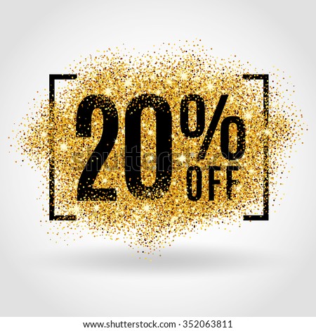 Gold sale 20 percent. Golden sale 20% percent on gold background. Shine salling background for flyer, poster, shopping, for symbol sign, discount, selling, banner, web, header. Light blur backdrop