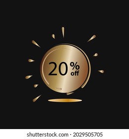 Gold sale 20 percent. Isolated gold icon on black background. Vector logo concept.  Twenty percent discount for flyer, poster, shopping, for business,  for symbol sign, discount, selling, banner, web