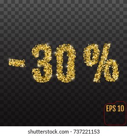 Gold sale 30 percent. Golden sale 30% percent on transparent background. Shine salling background for flyer, poster, shopping, for symbol sign, discount, selling, banner, web, header. 