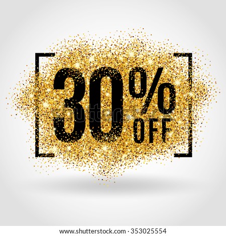 Gold sale 30 percent. Golden sale 30% percent on gold background. Shine salling background for flyer, poster, shopping, for symbol sign, discount, selling, banner, web, header. Light blur backdrop