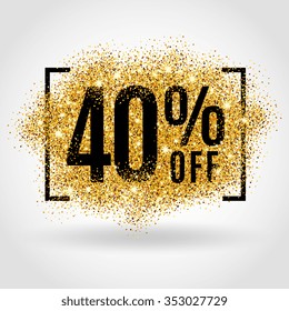 Venta de oro 40 por ciento. Venta dorada 40% sobre fondo dorado. Brilla de fondo para volante, afiche, compras, para símbolo, descuento, venta, banner, web, cabecera. Fondo claro y borroso