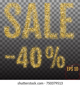 Gold sale 40 percent. Shine salling background for flyer, poster, shopping, for symbol sign, discount, selling, banner, web, header. Light blur backdrop