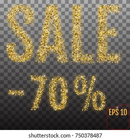 Gold sale 70 percent. Shine salling background for flyer, poster, shopping, for symbol sign, discount, selling, banner, web, header. Light blur backdrop