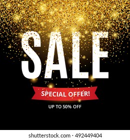 Gold sale background for flyer, poster, shopping. Logo, logotype, sign, symbol discount marketing. Sale, selling, web banner header. Abstract golden backdrop for text, type quote Shine blur texture